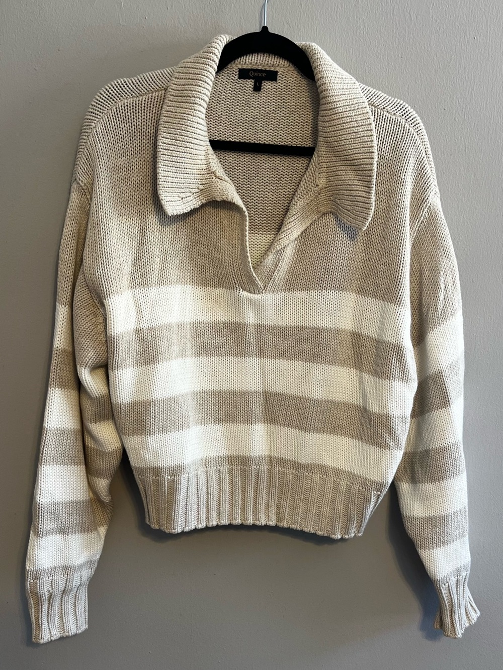 Quince Striped V-Neck Collared Sweater - Beige & White Womens Size L